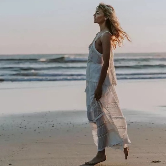 Boho White Tassel Tie Clouded Dream Cotton Maxi Skirt With Lace Embroidery - Picture 10 of 12